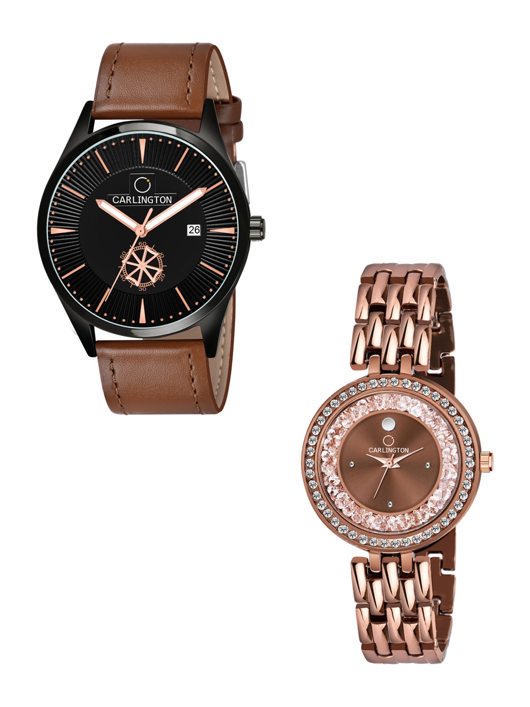 

CARLINGTON Unisex Black & Brown Dial & Brown & Rose Gold Straps Couple Analogue Watch