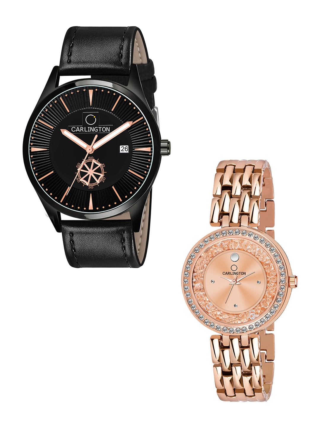 

CARLINGTON Unisex Black & Rose Gold Dial & Black & Rose Gold Straps Analogue Watch