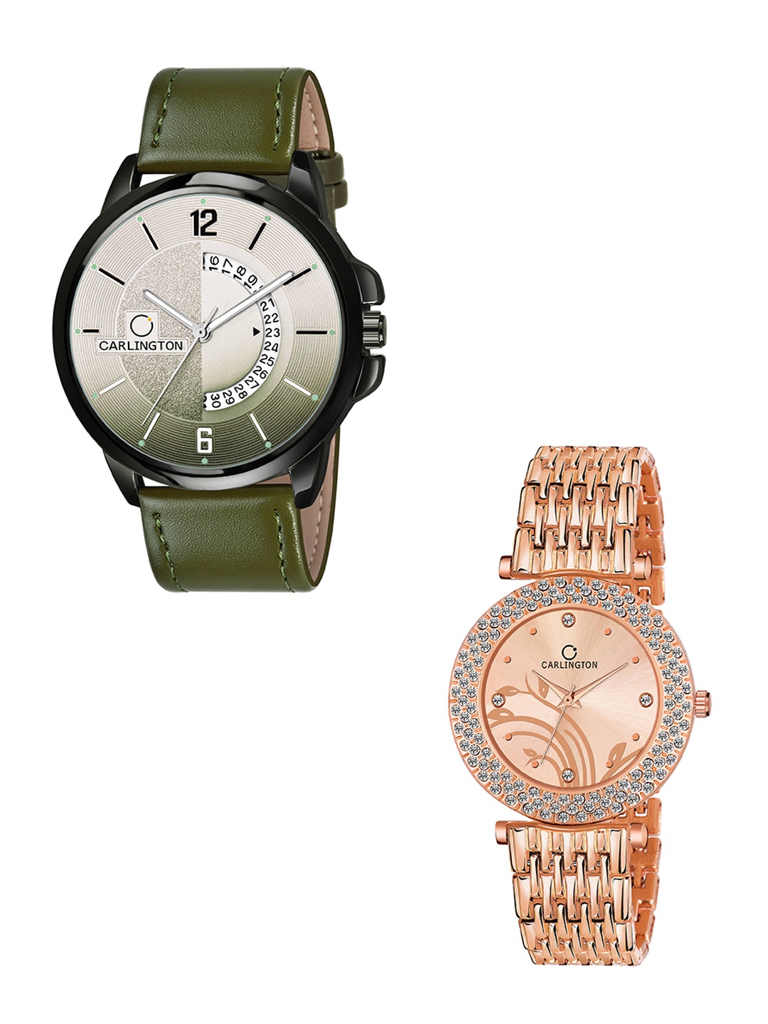

CARLINGTON Unisex Pack Of 2 Embellished Dial Analogue Watch CT1030 Couple Watches, Green