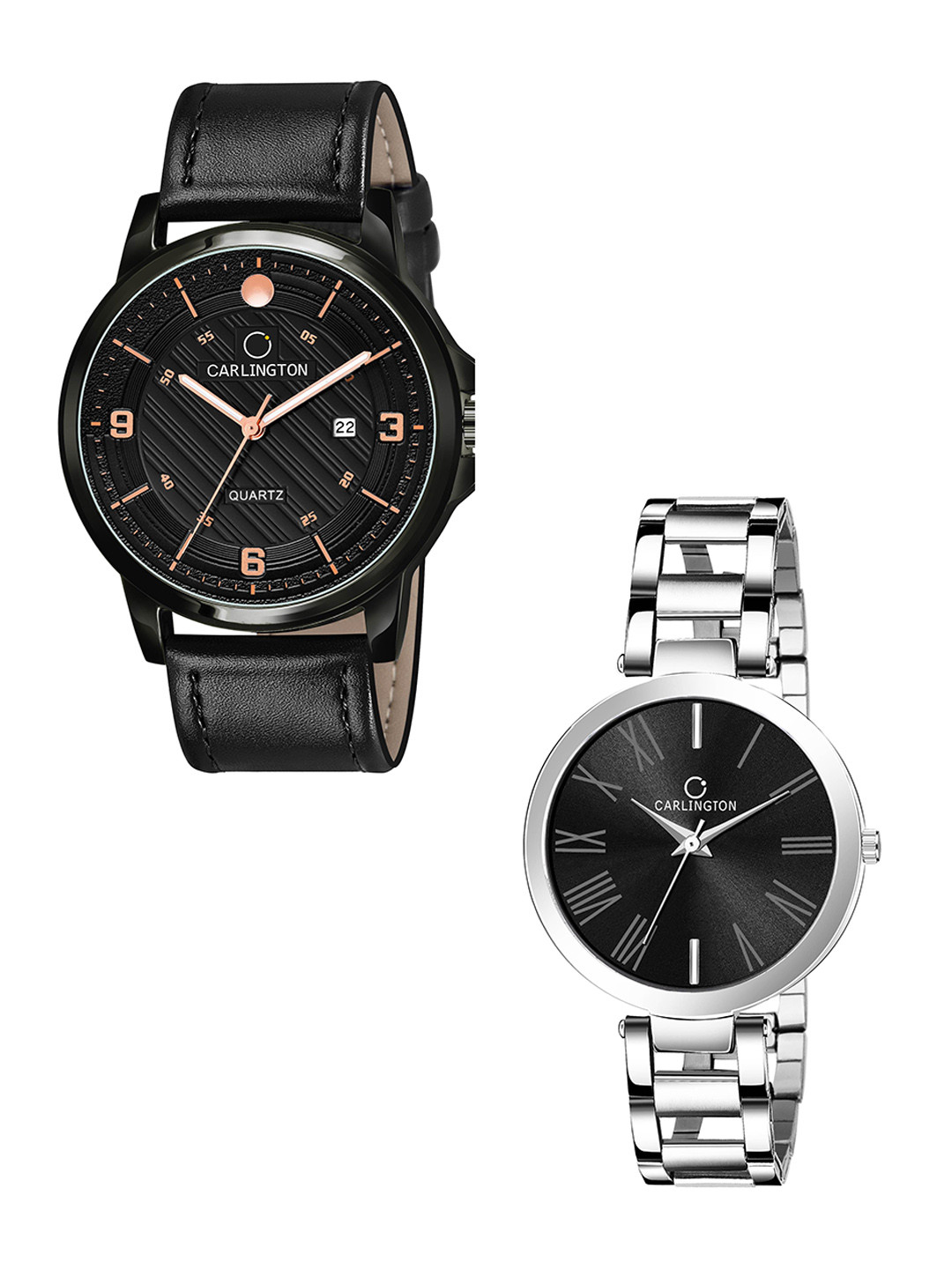 

CARLINGTON Pack Of 2 Black Dial & Black Leather Straps Analogue Watch CT1050 Black-112