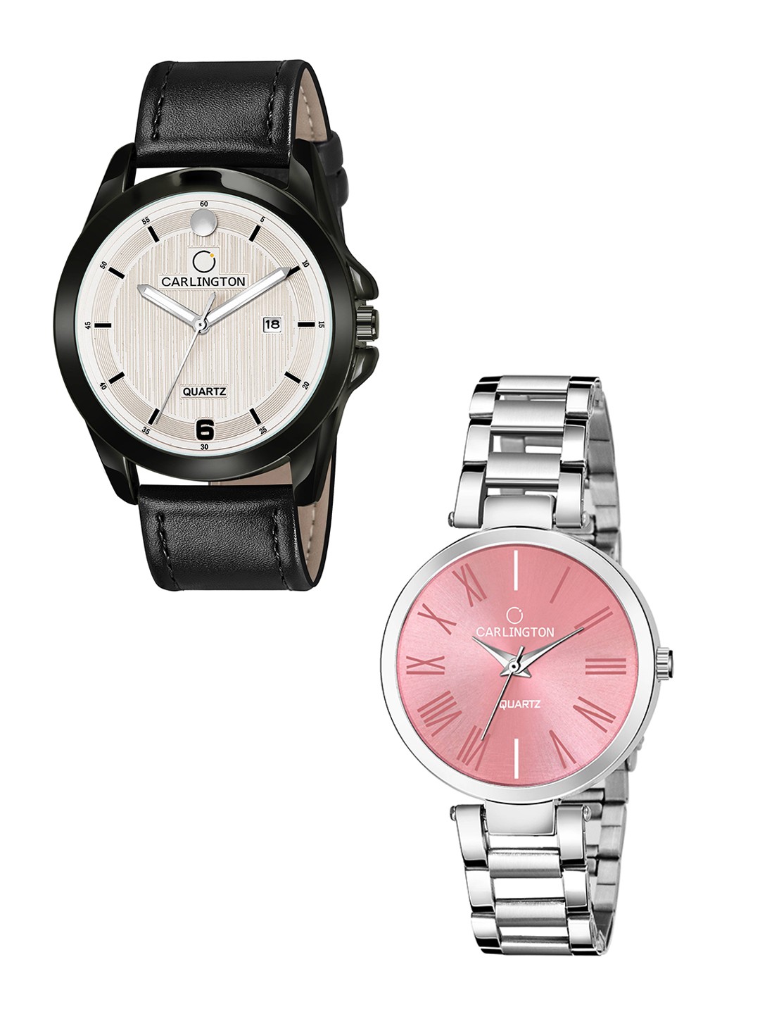 

CARLINGTON Set Of 2 Leather Bracelet Style Straps Analogue Watch CT1040 BlackSilver, Black