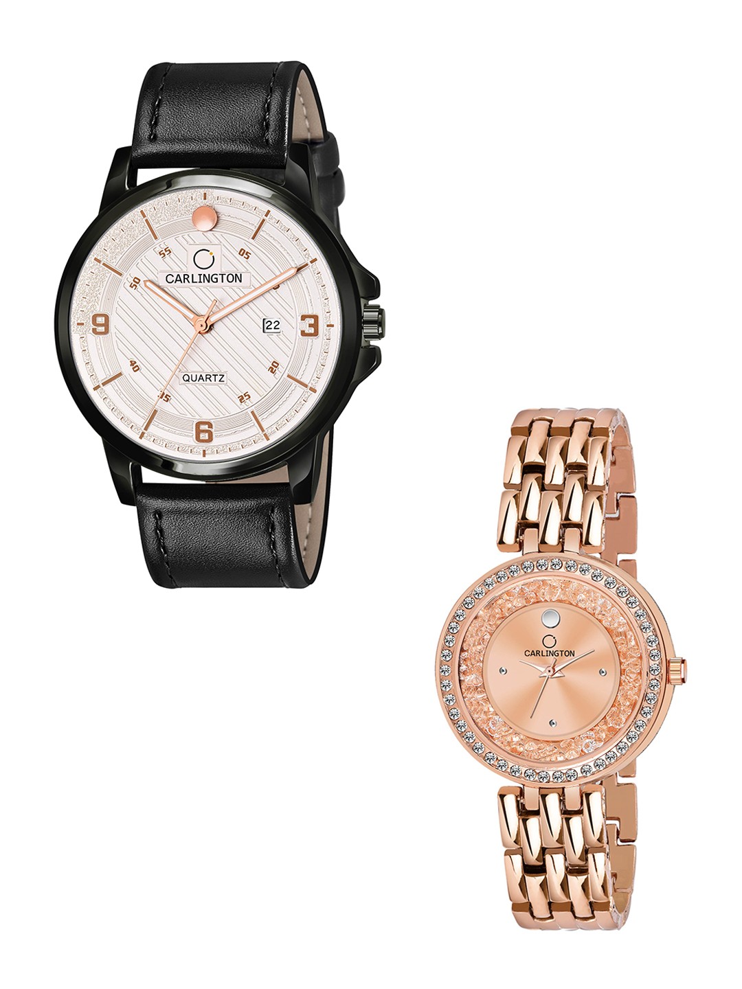 

CARLINGTON Unisex White Embellished His and Her Watch Gift Set CT1050 Analogue Watch, Black