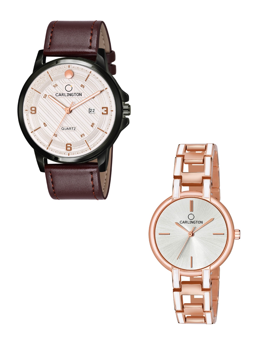 

CARLINGTON Unisex Set of 2 White Dial & Brown Leather Analogue His & Her Watch CT1050