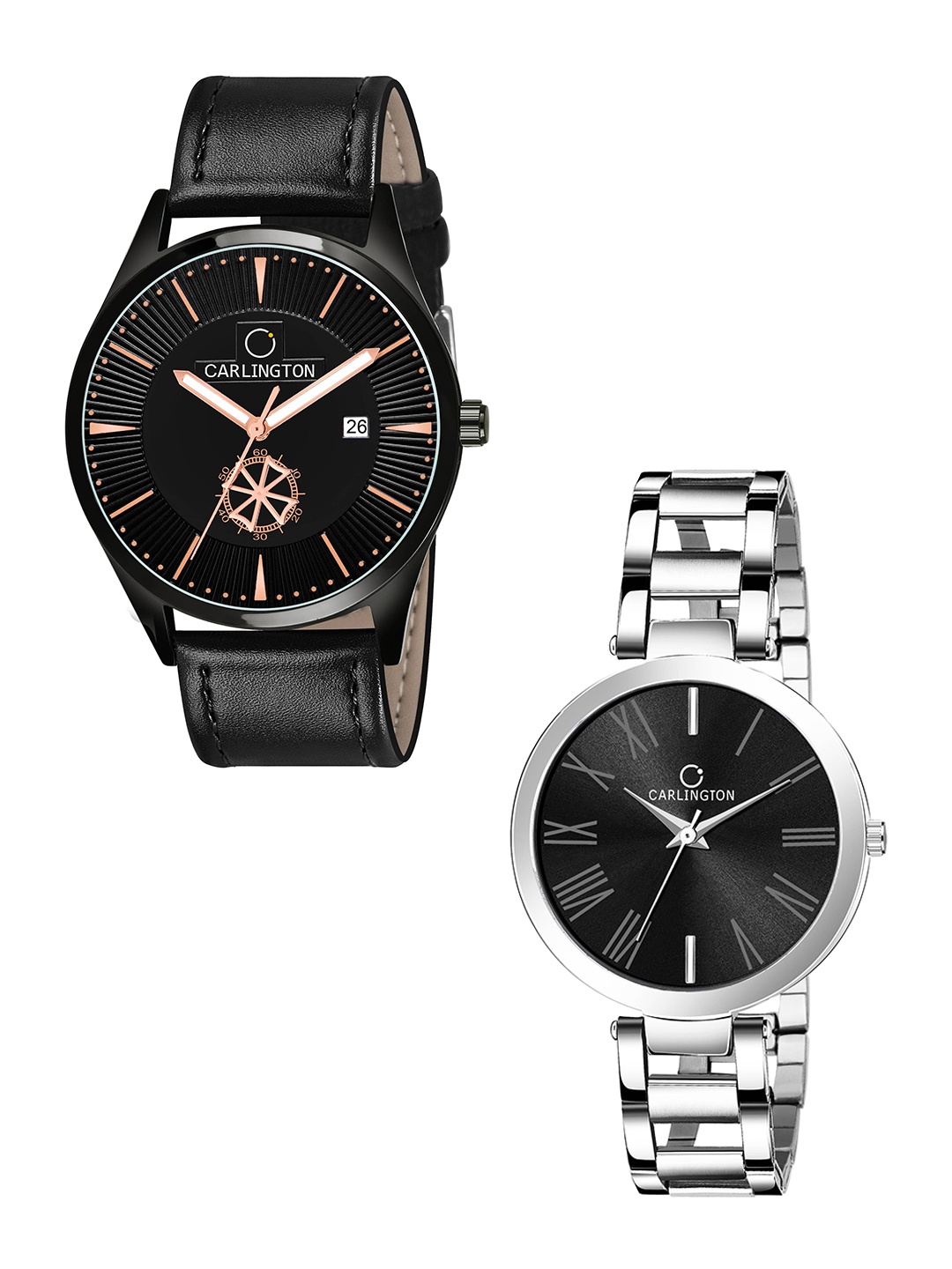 

CARLINGTON Unisex Black Dial & Silver Toned Leather Straps Analogue Watch