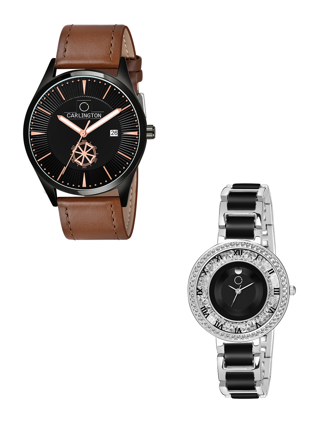 

CARLINGTON His & Her Analogue Watch Gift Set CT1020 TanBlack-Mova SteelBlack-Multicolor, Tan