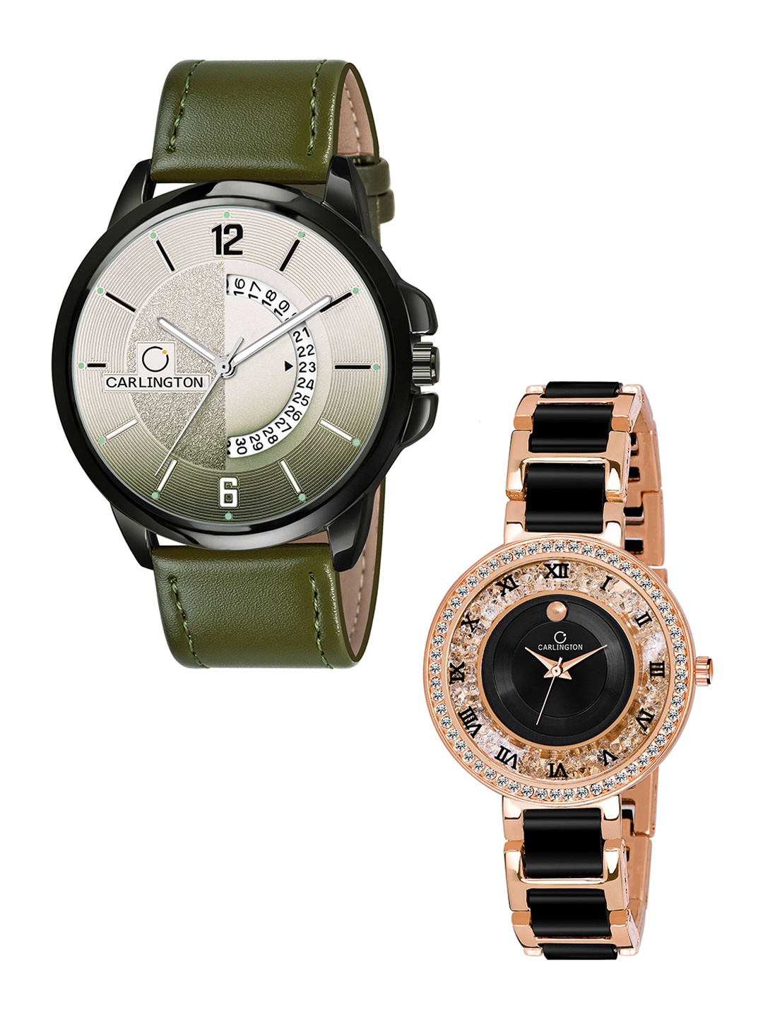 

CARLINGTON His & Her Combo Analogue Watch Gift Set CT1030 Green-Mova RoseBlack-Multicolor