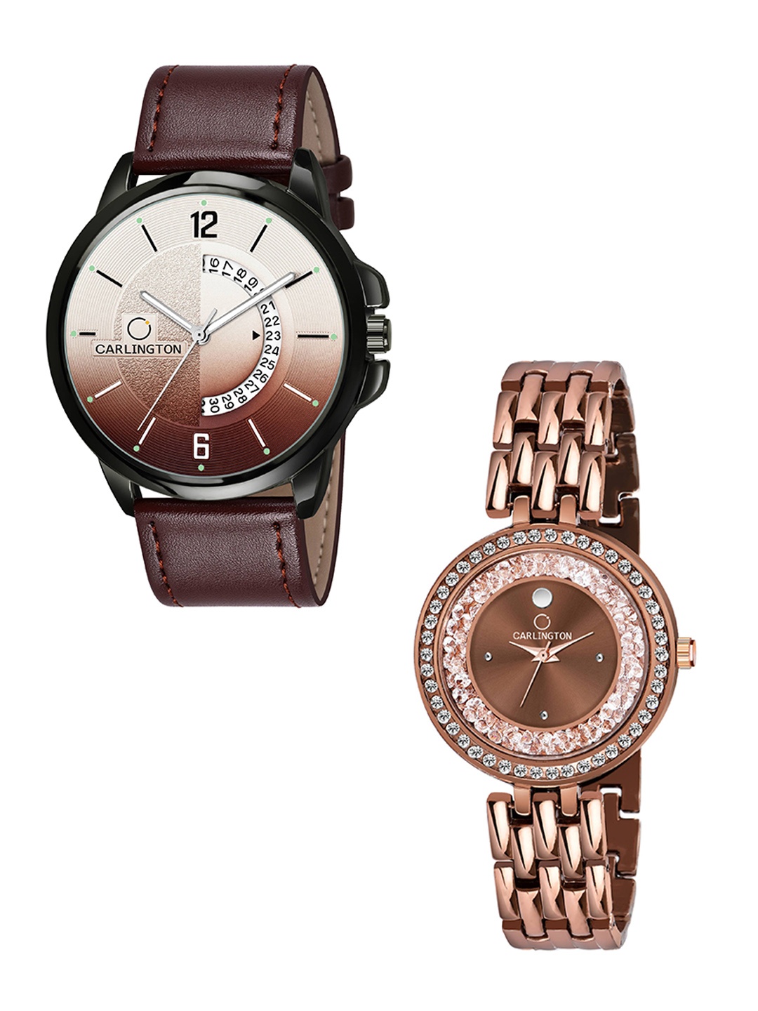 

CARLINGTON Unisex Brown Embellished CT1030 His and Her Watch Gift Set Analogue Watch