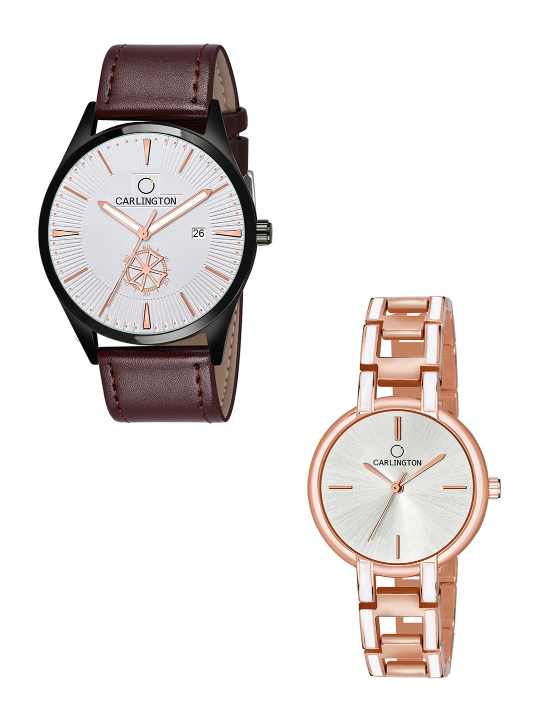 

CARLINGTON Unisex White Printed CT1020 His and Her Watch Gift Set Analogue Watch, Brown