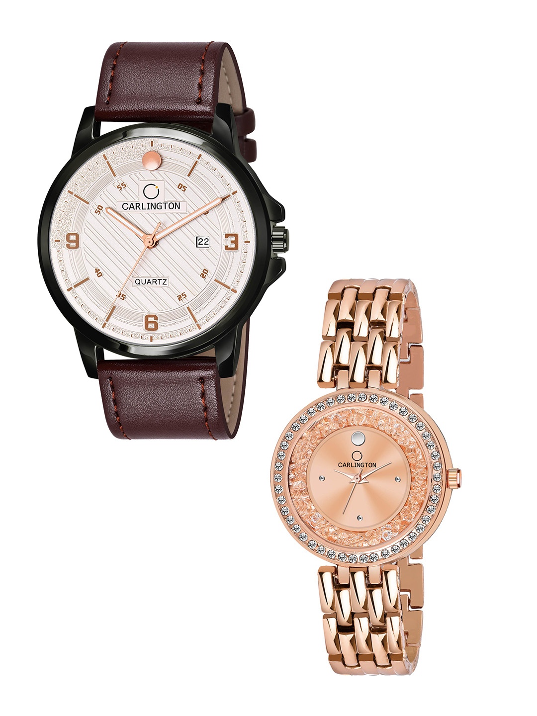 

CARLINGTON Unisex White Embellished CT1050 His and Her Watch Gift Set Analogue Watch, Brown