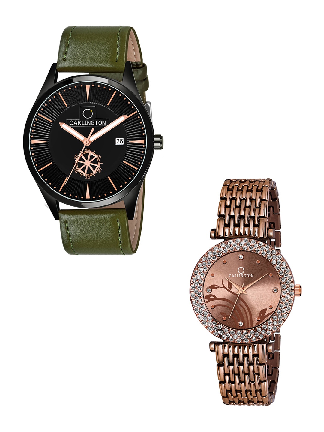 

CARLINGTON Set Of 2 Green & Tan Analogue Watch Gift Set CT1020, Multi