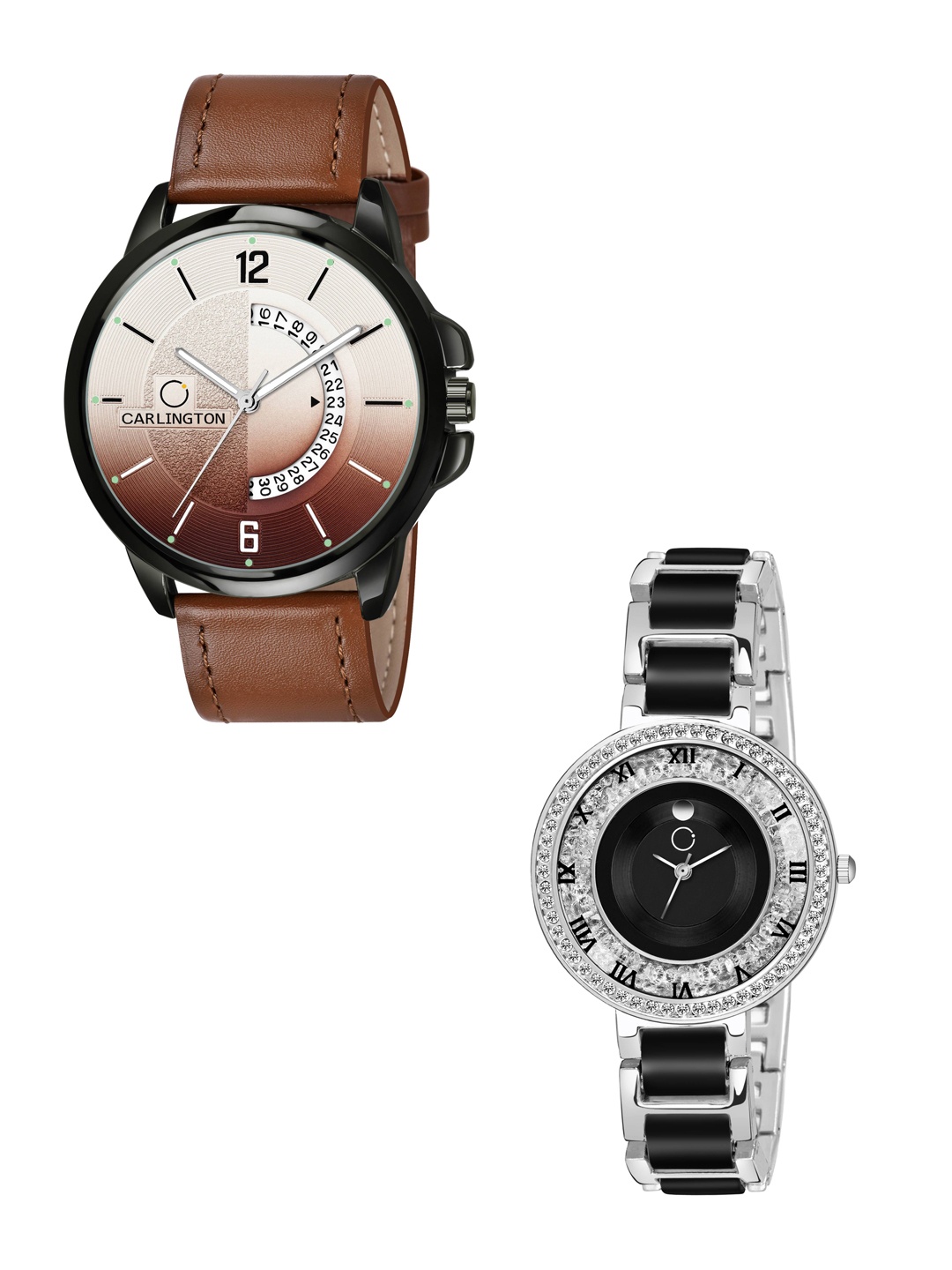

CARLINGTON His & Her Combo Analogue Watch Gift Set CT1030 Tan-Mova SteelBlack-Multicolor