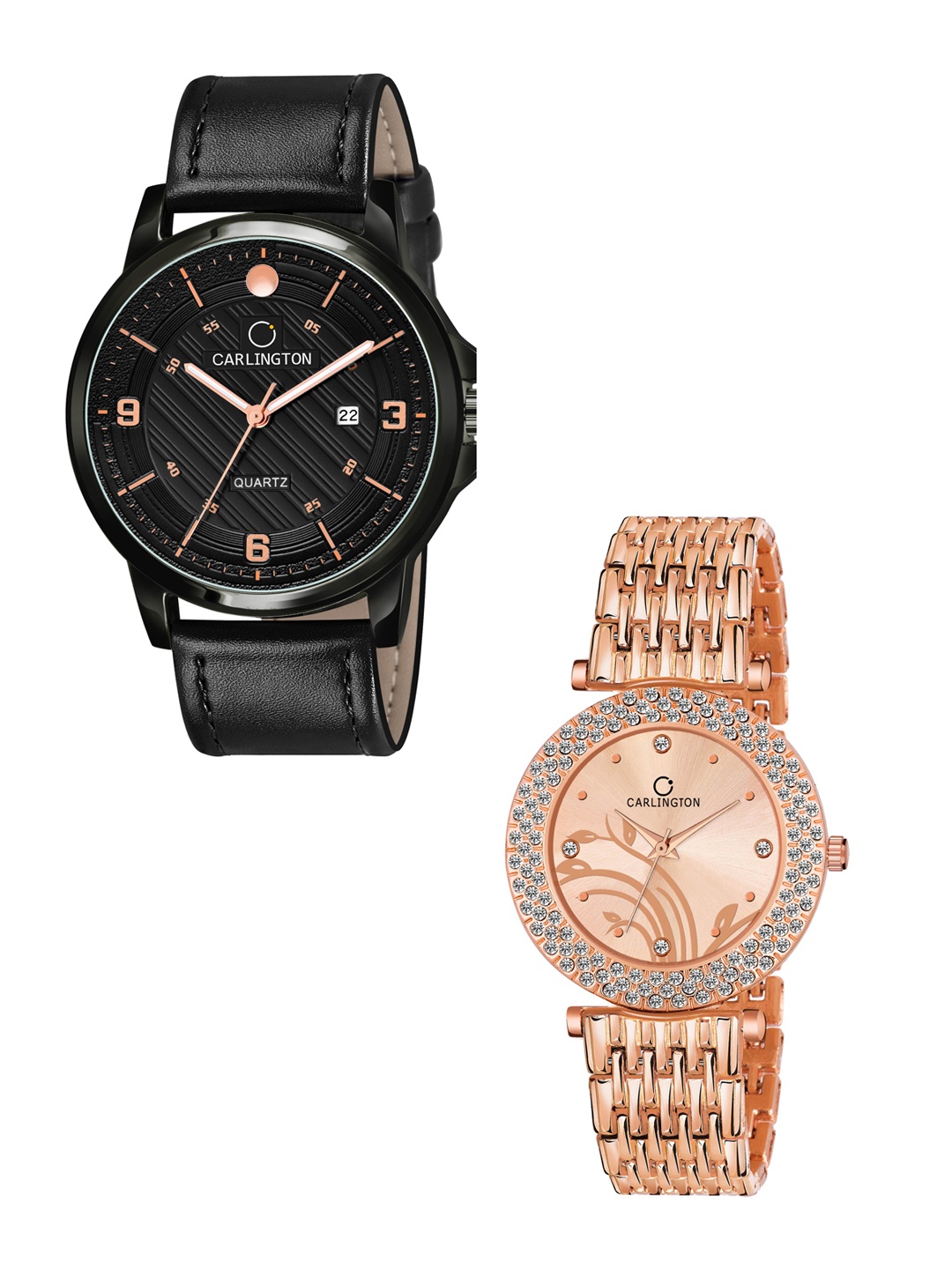 

CARLINGTON Set Of 2 Black & Rose Gold-Toned Analogue Watch Gift Set CT1050