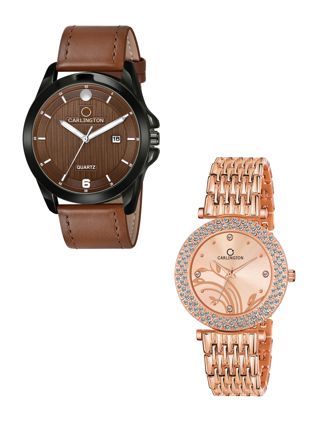 

CARLINGTON Unisex Rose Gold-Toned Embellished Dial & Rose Gold Toned Leather Bracelet Style Straps Analogue Watch, Tan