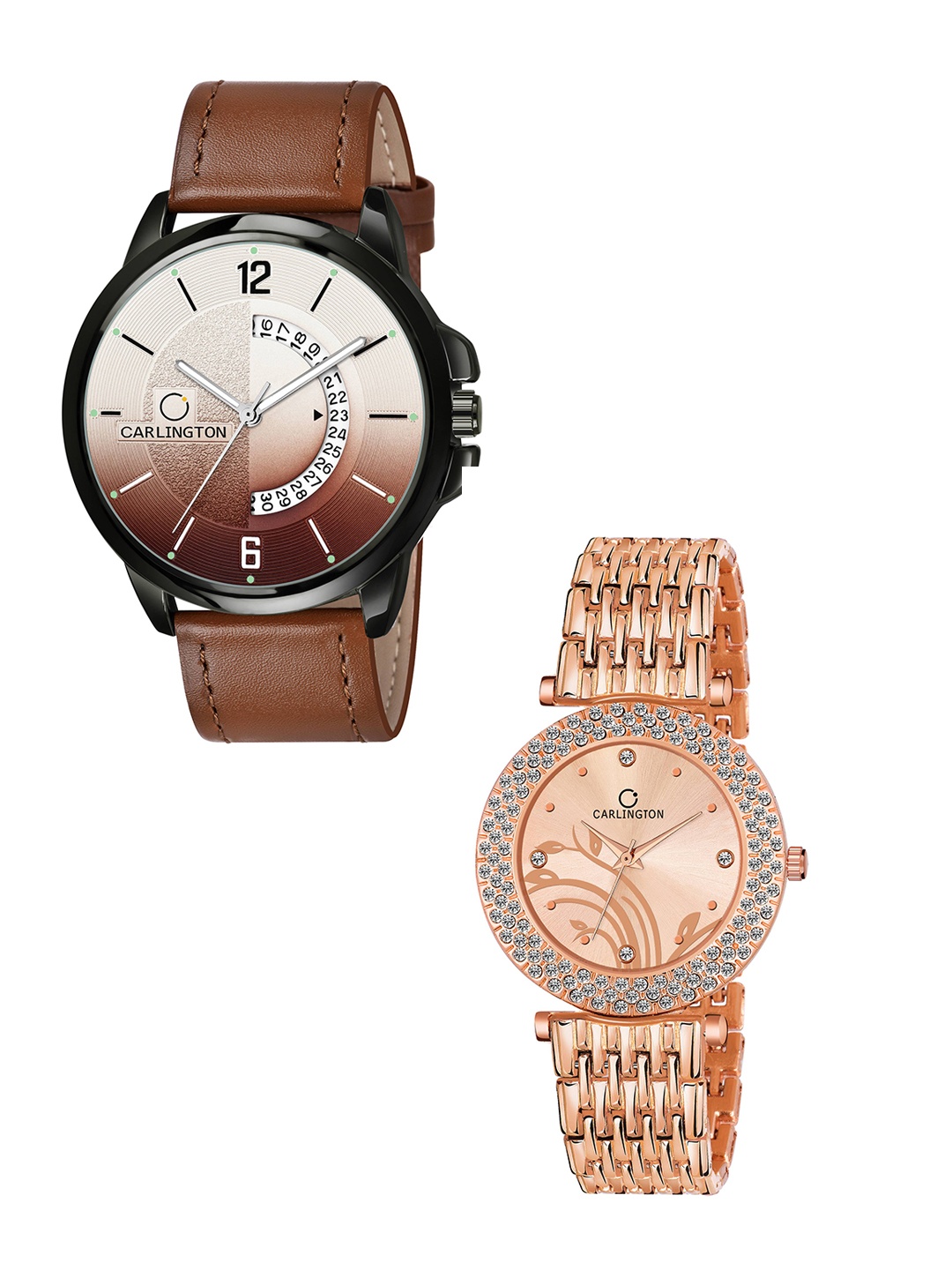 

CARLINGTON Unisex Pack Of 2 Brown Dial & Brown Leather Straps Analogue Watch, Tan