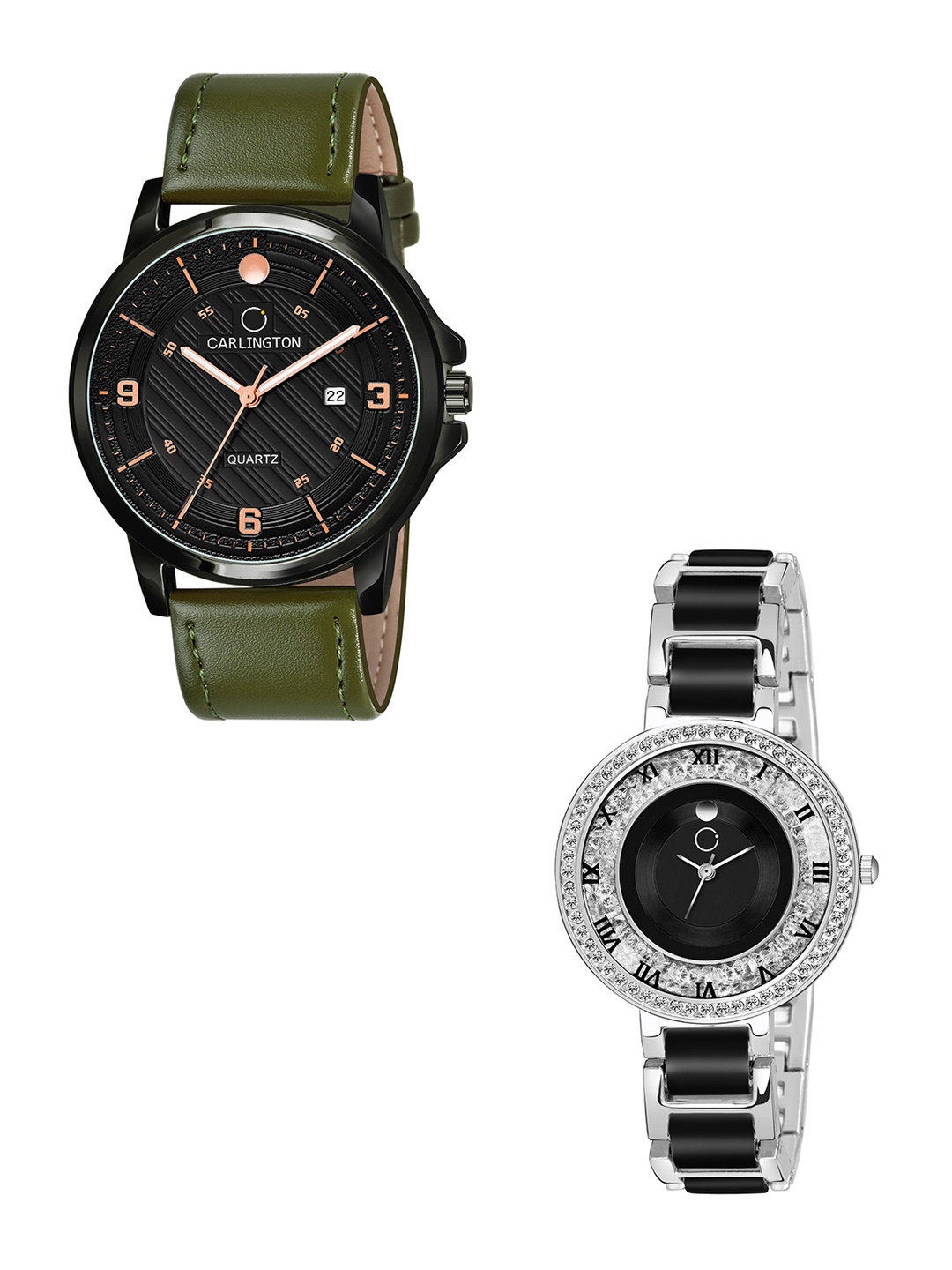 

CARLINGTON Unisex Pack of 2 Black Dial & Silver Toned Straps Analogue Watches CT1050