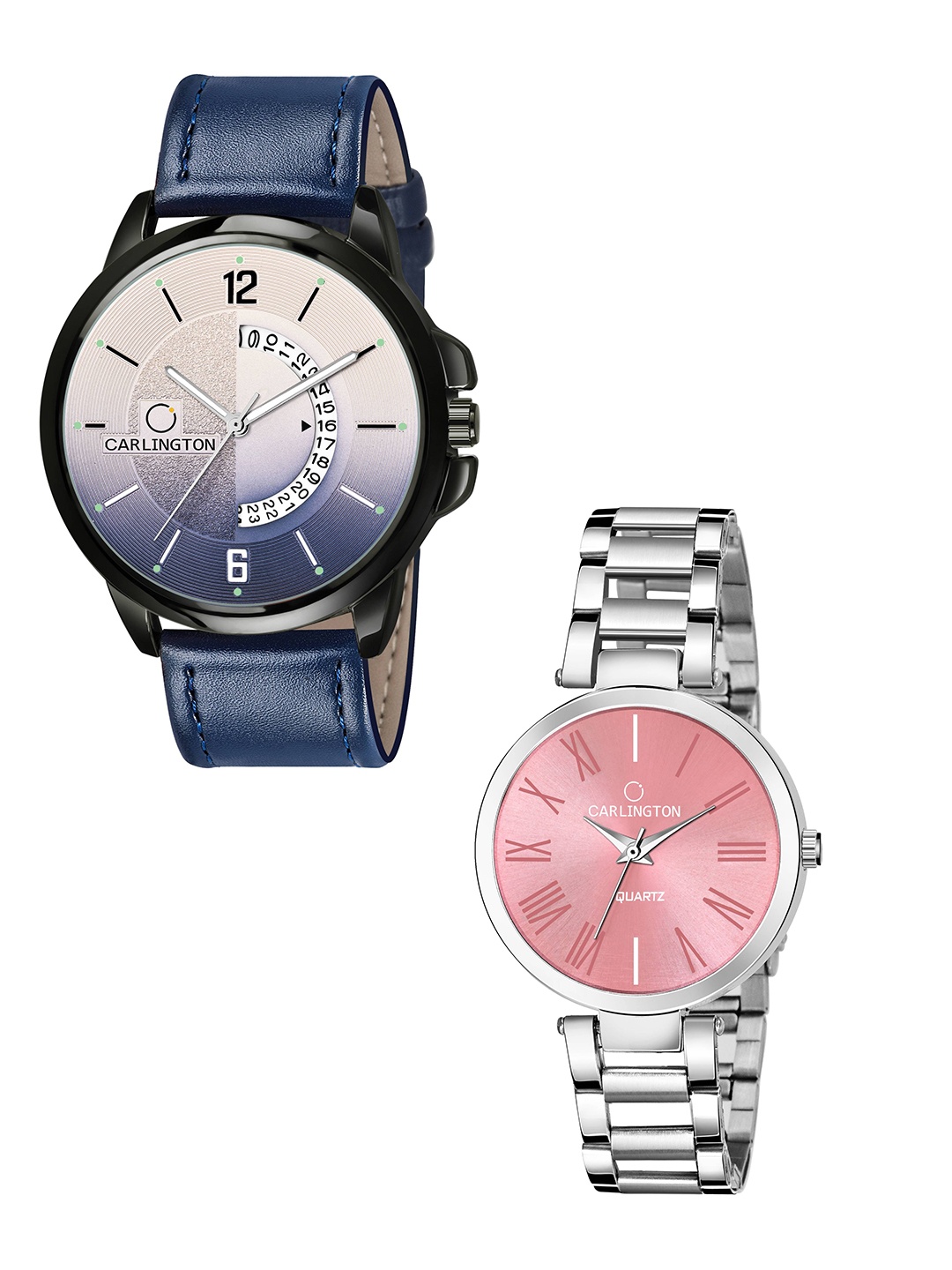 

CARLINGTON Unisex Pack of 2 Cream Dial & Leather Straps Analogue Watch CT1030 -112, Blue