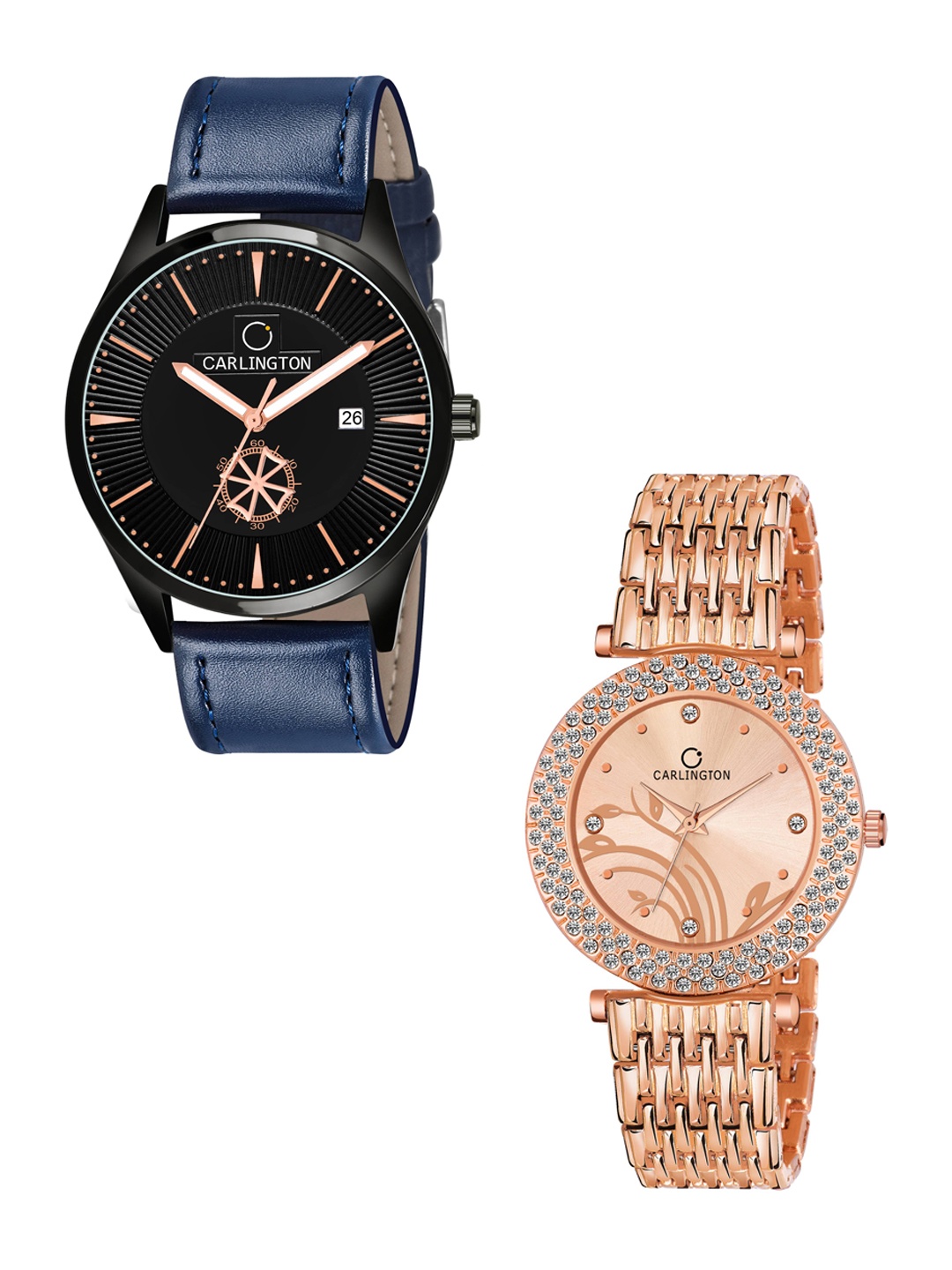 

CARLINGTON Unisex Pack of 2 Black Dial & Leather Straps Analogue Watch CT1020 -105, Blue