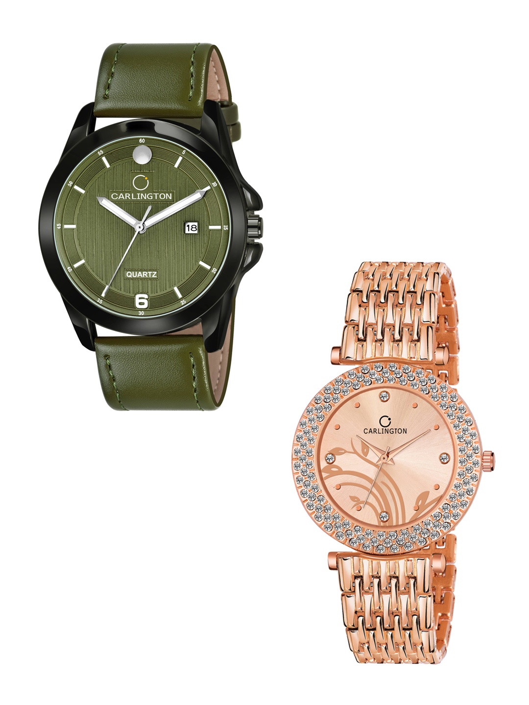 

CARLINGTON Unisex Embellished Dial & Leather Straps Analogue Watch CT1040 Green-105