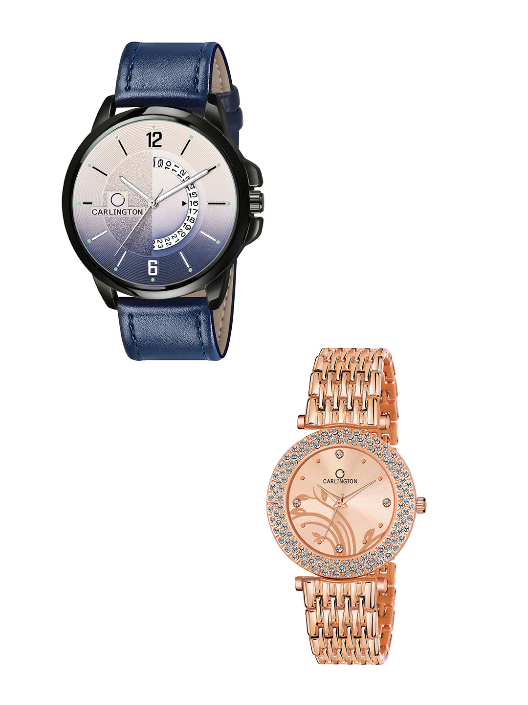 

CARLINGTON Set of 2 Unisex Beige Embellished Dial & Blue Leather Straps Analogue Watch