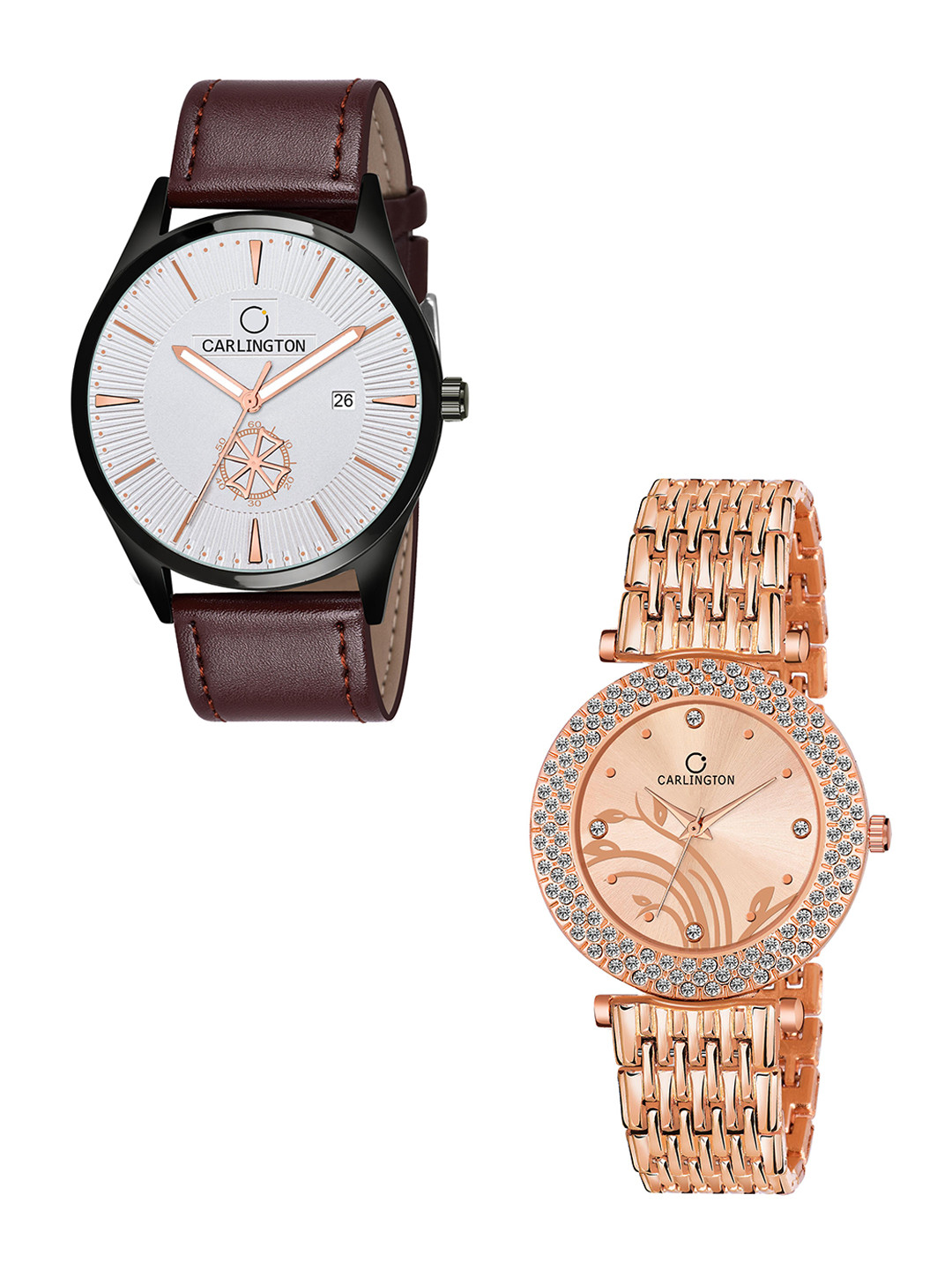 

CARLINGTON Set of 2 Unisex White Printed Dial & Brown Leather Straps Analogue Watch, Multi