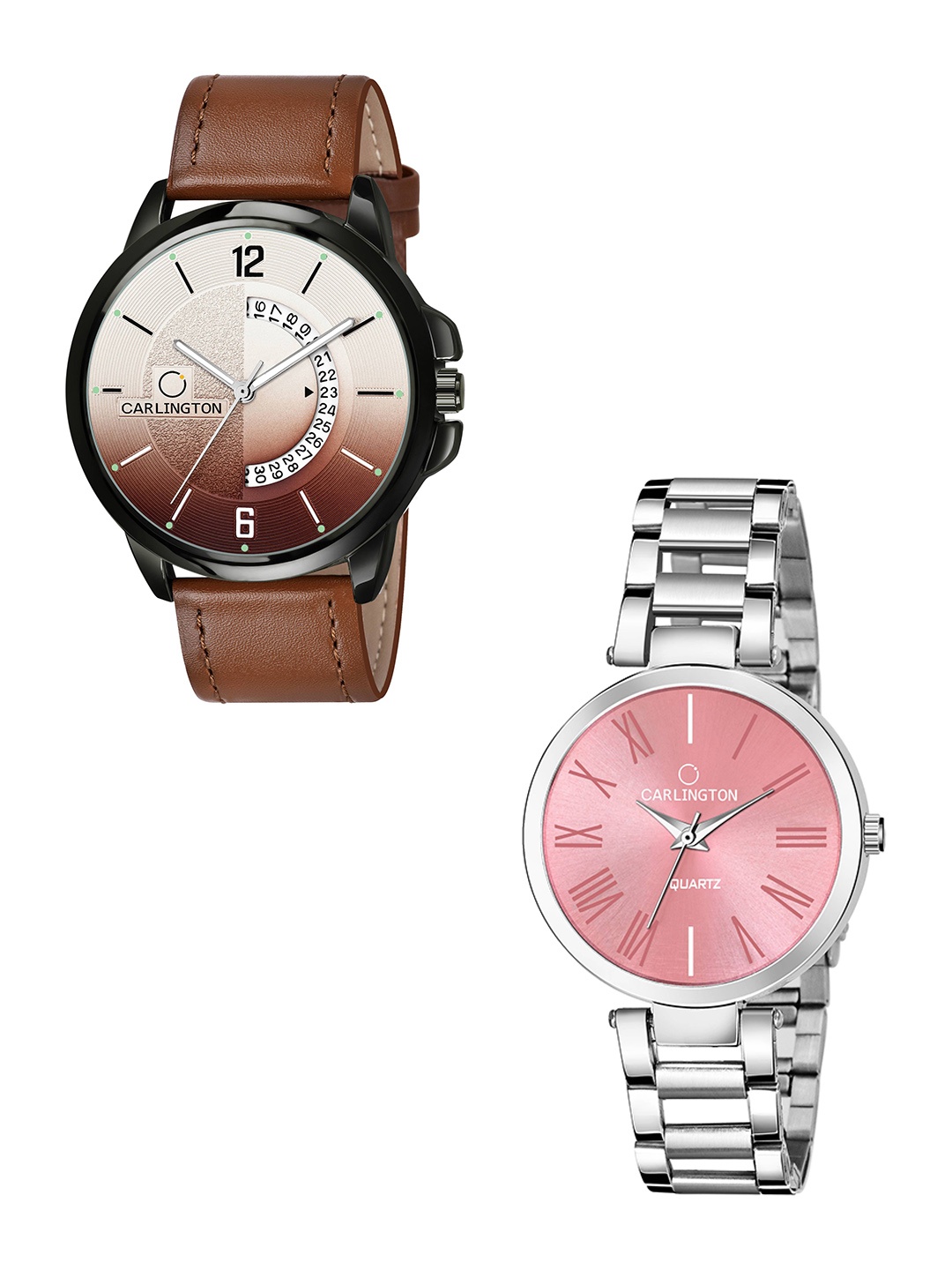 

CARLINGTON Set of 2 Unisex Brown Embellished Dial & Brown Leather Straps Analogue Watch, Tan