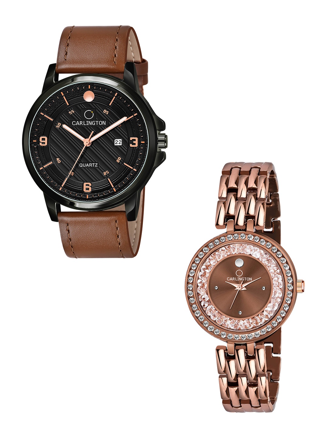 

CARLINGTON Set of 2 Unisex Black Printed Dial & Brown Leather Straps Analogue Watch