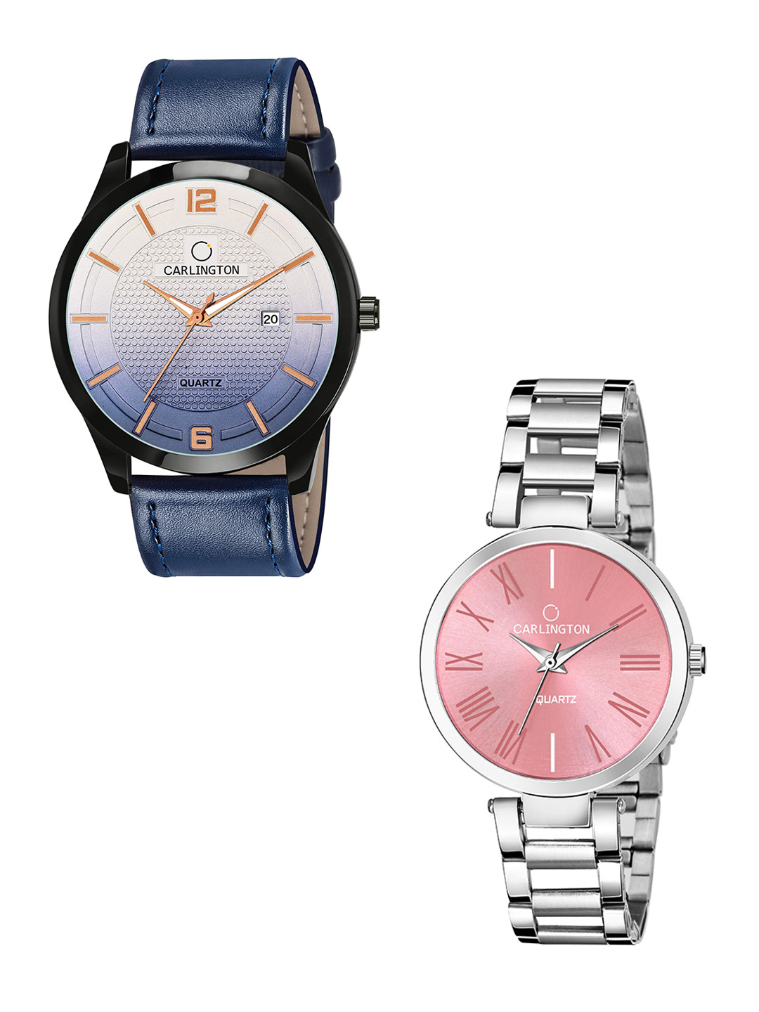 

CARLINGTON Set of 2 Unisex White Printed Dial & Blue Leather Straps Analogue Watch