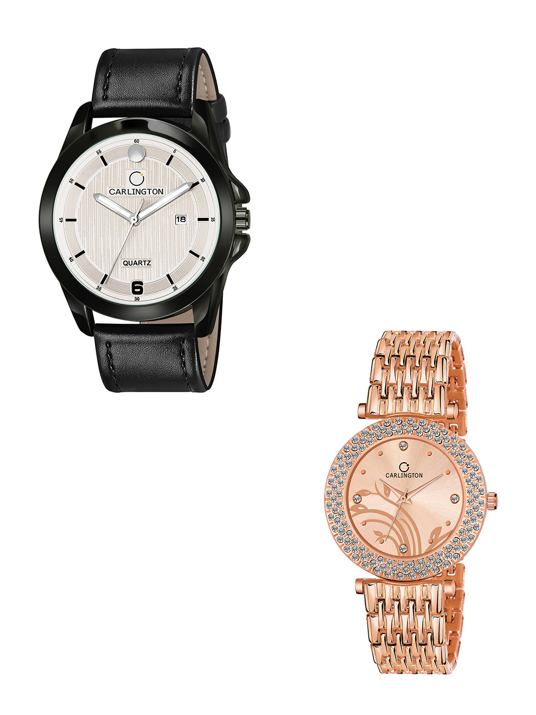 

CARLINGTON Unisex Pack Of 2 Black & Rose Gold Dial & Leather Straps Analogue Watch