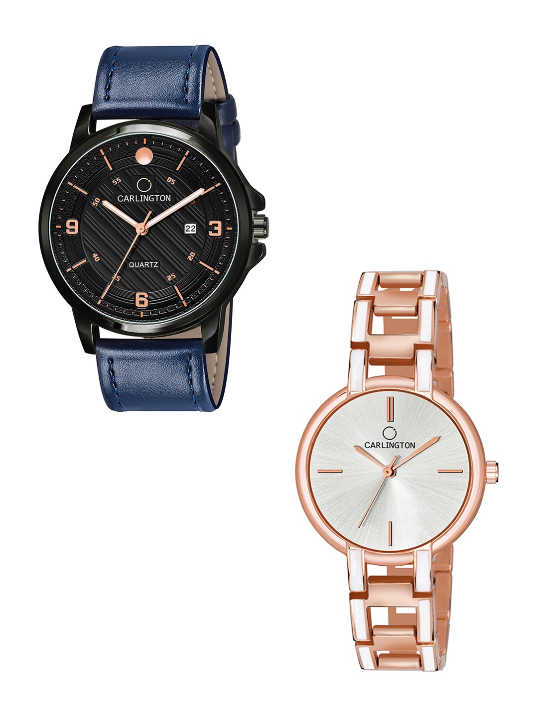 

CARLINGTON Unisex Pack Of 2 Black & Rose Gold Dial & Leather Straps Analogue Watch