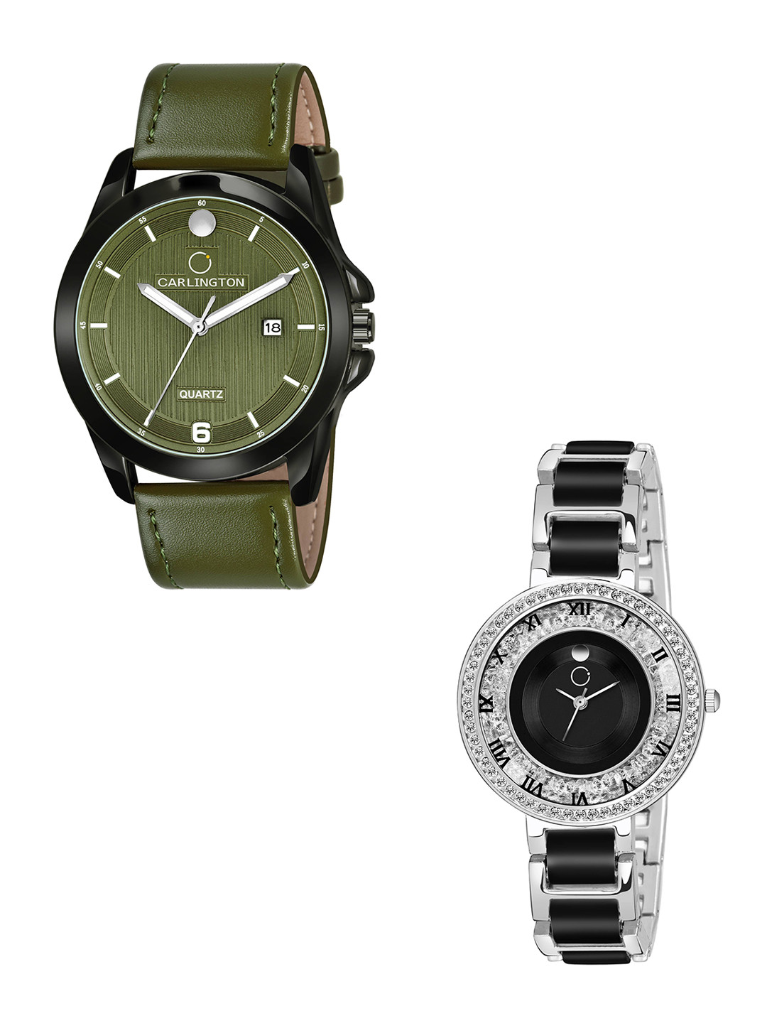 

CARLINGTON Pack of 2 Multicoloured Embellished Dial & Leather Straps Analogue Watch, Green