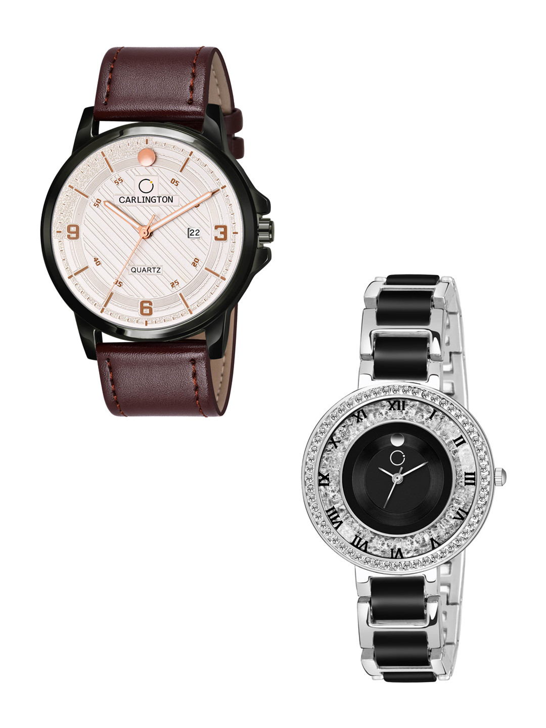 

CARLINGTON Pack Of 2 Multicoloured Embellished Dial & Leather Straps Analogue Watch, Multi