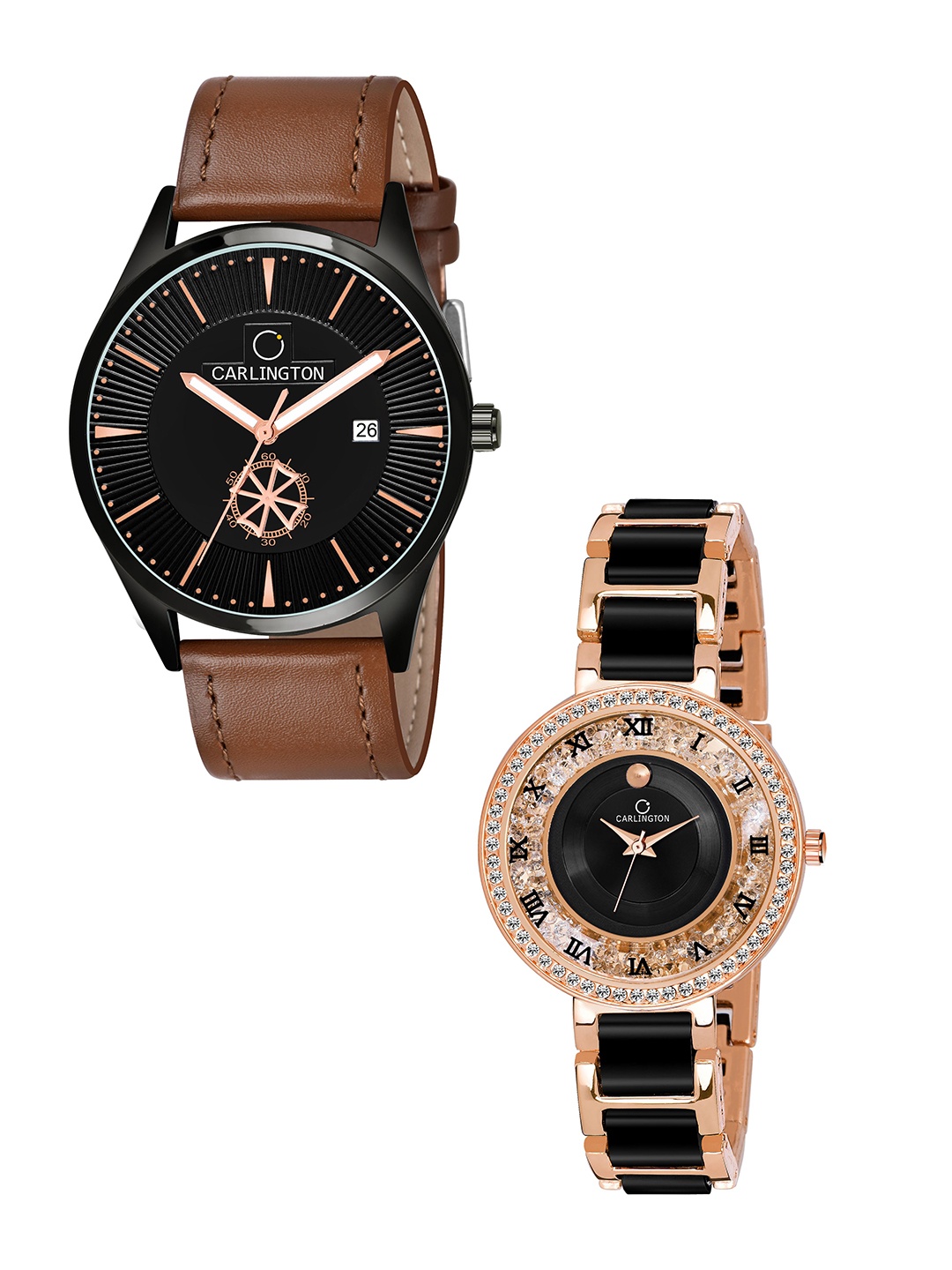 

CARLINGTON Unisex Set of 2 MultiColoured Leather Straps Analogue Couple Watch, Black