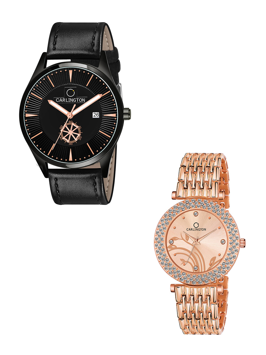 

CARLINGTON Unisex Set of 2 Multicoloured Dial Leather Textured Straps Analogue Watch, Black