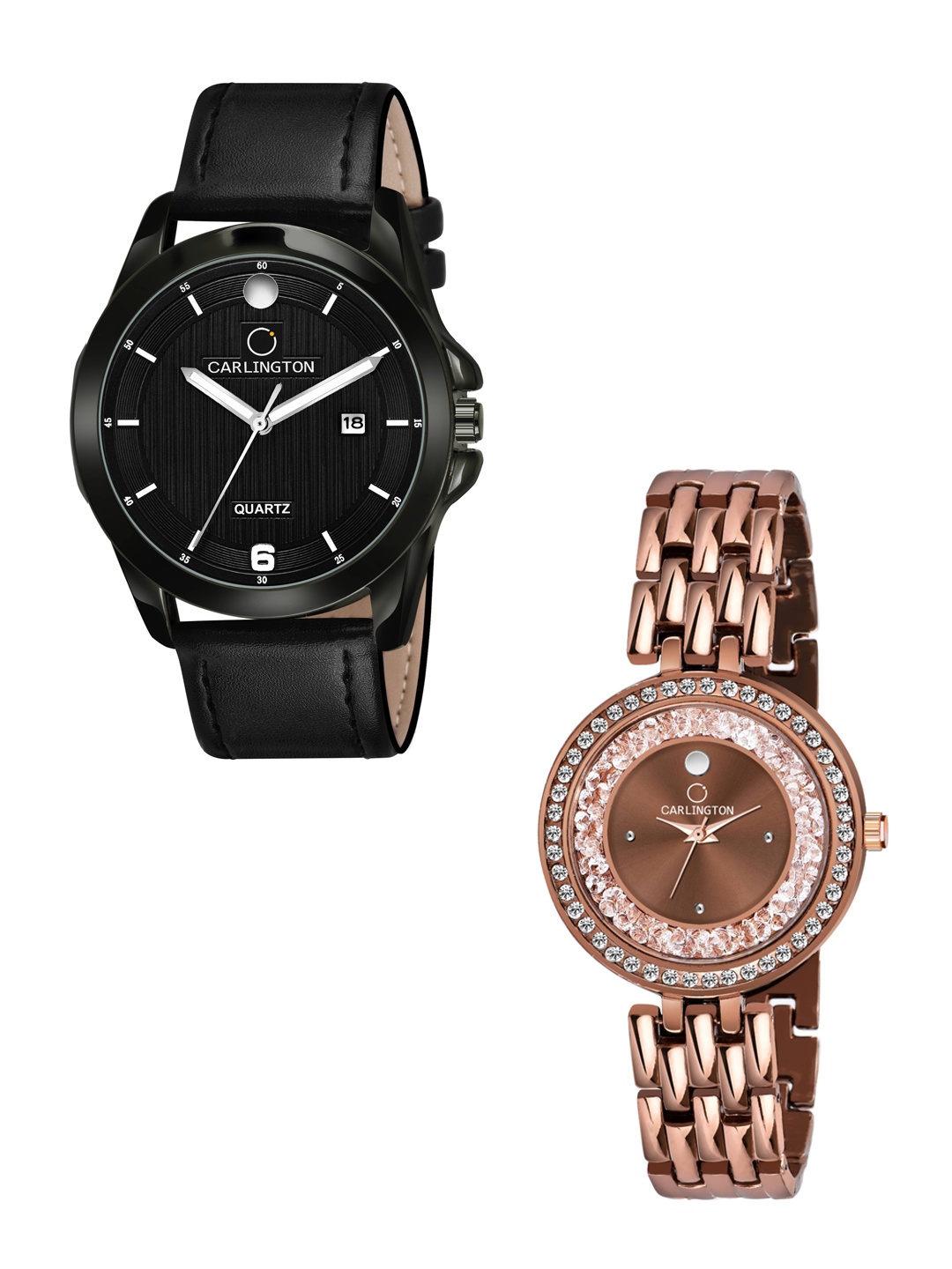 

CARLINGTON Unisex Set of 2 Black & Copper Embellished Dial Leather Straps Analogue Watch