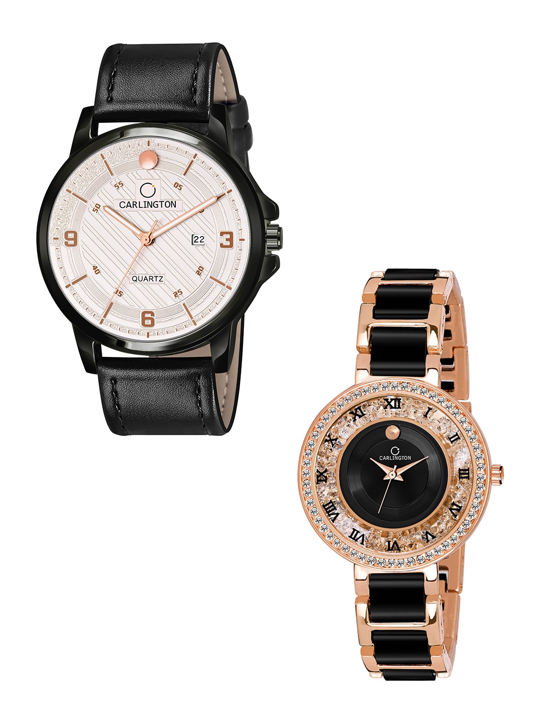 

CARLINGTON Unisex Set of 2 White Printed Dial & Black Leather Straps Analogue Watch