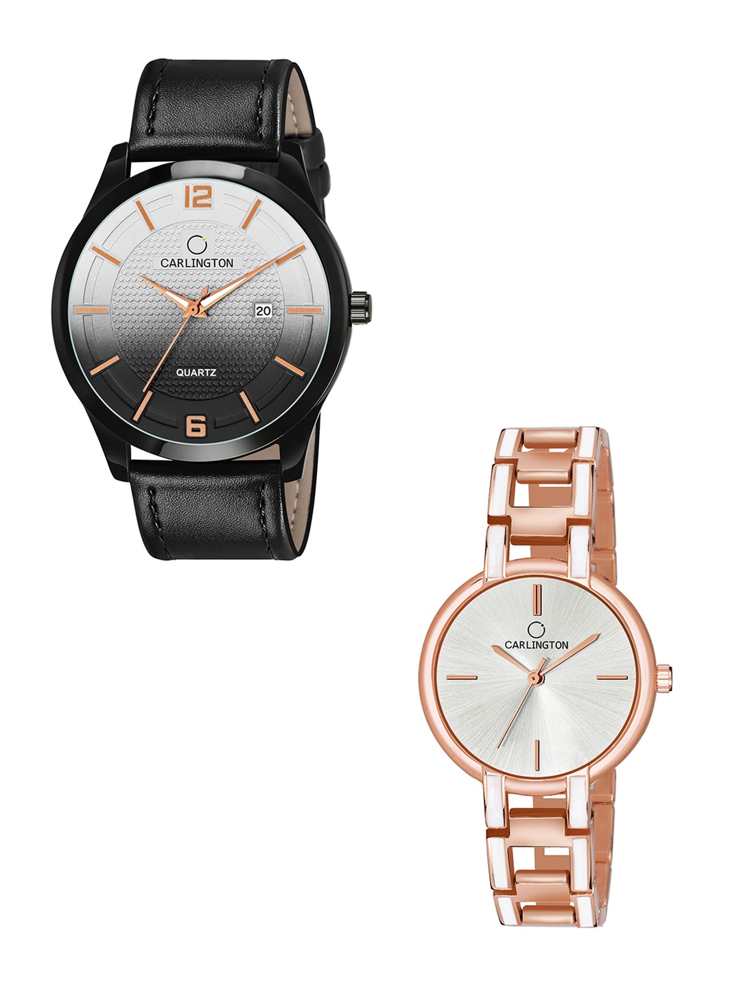 

CARLINGTON Unisex Set of 2 White Dial & Black Leather Straps Analogue Watch