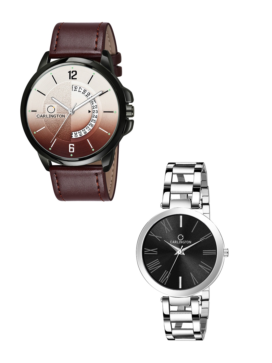 

CARLINGTON Unisex Set of 2 Black Dial & Silver Toned Bracelet Style Analogue Watch, Brown