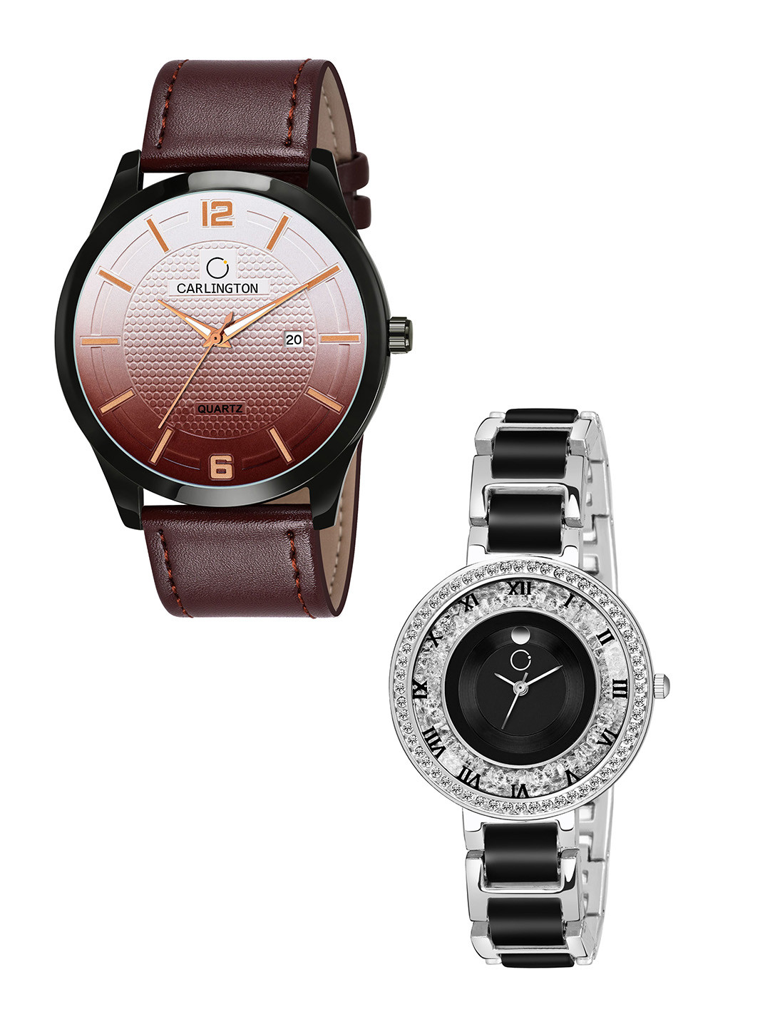 

CARLINGTON Unisex Set of 2 Brown Patterned Dial & Brown Leather Straps Analogue Watch