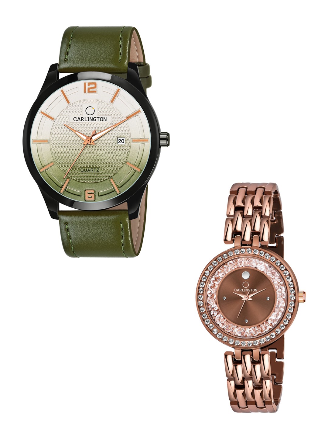 

CARLINGTON Unisex Embellished Dial & Leather Style Straps His and Her Watches CT1010, Green