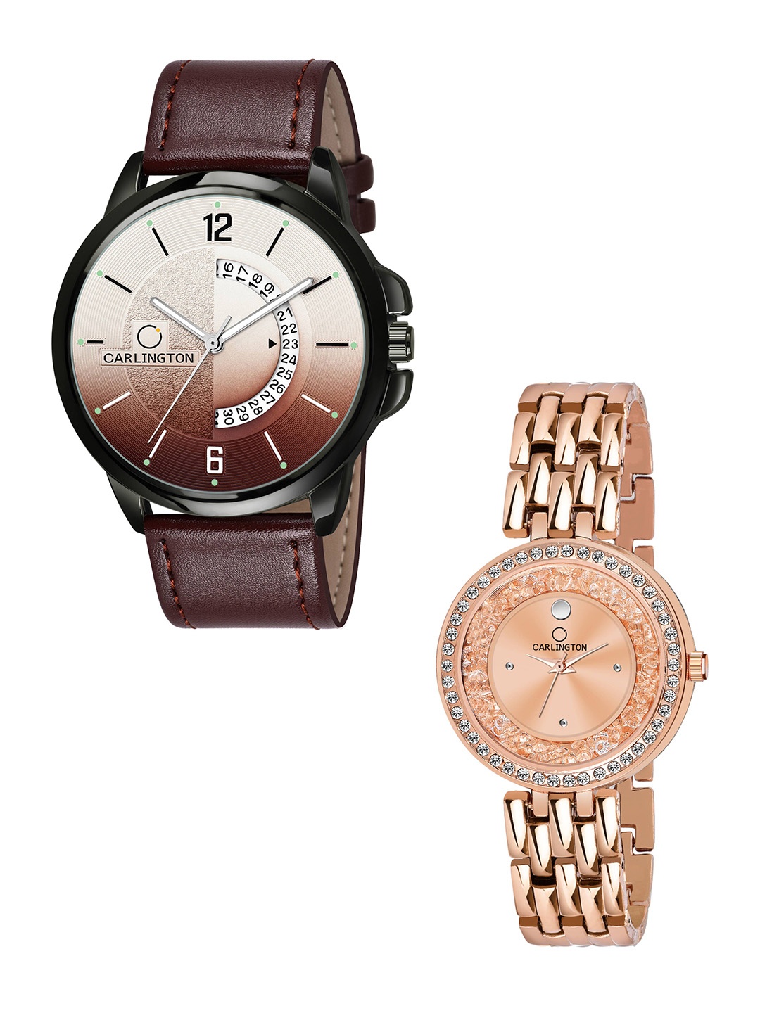 

CARLINGTON Unisex Embellished Dial & Leather Straps Analogue His and Her Watches CT1030, Brown