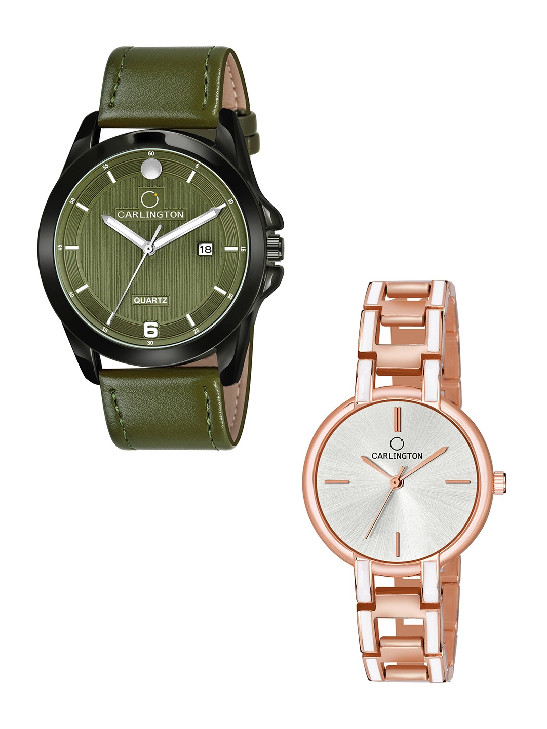 

CARLINGTON Unisex Embellished Dial & Leather Straps Analogue His and Her Watches CT1040, Green