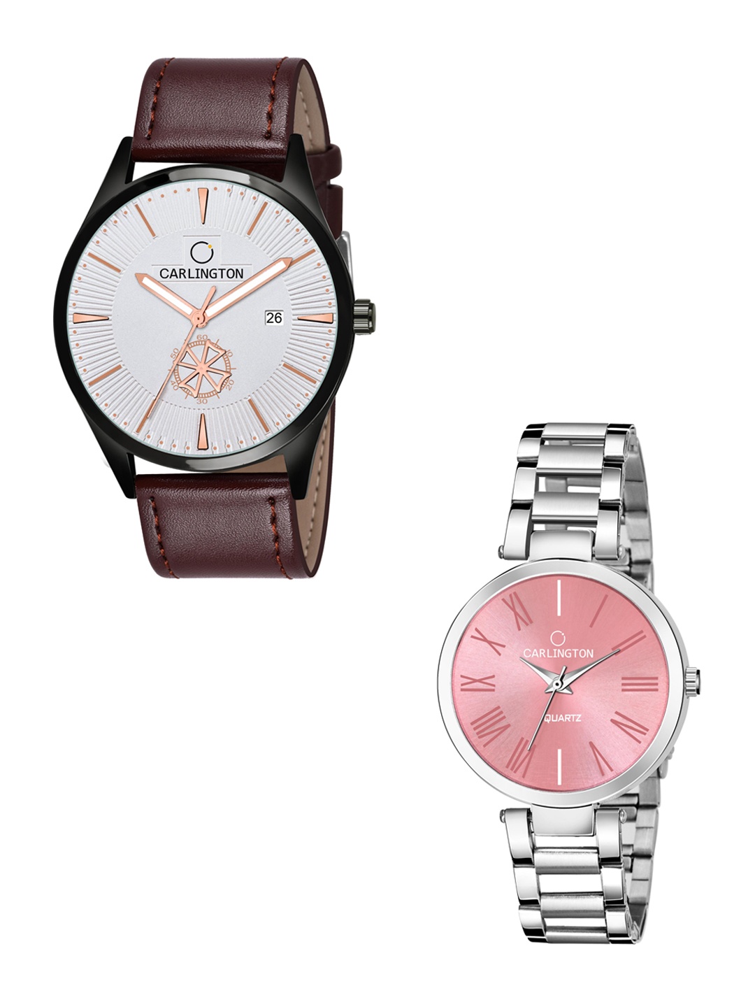 

CARLINGTON Unisex Dial & Leather Straps Analogue His and Her Watches CT1020, Brown