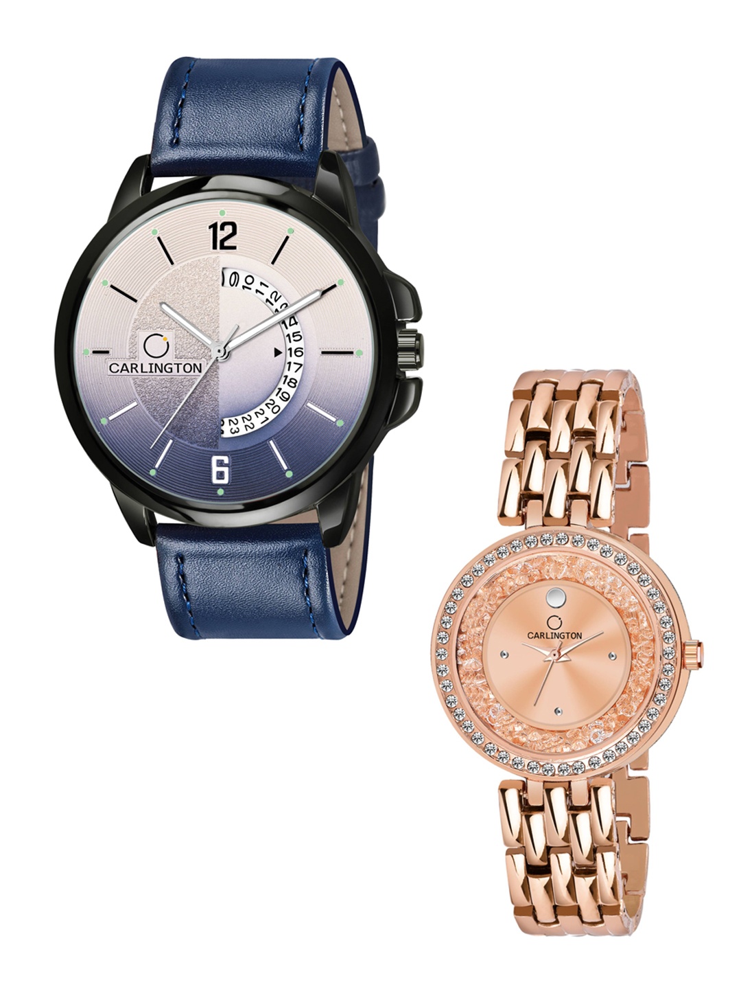 

CARLINGTON Unisex Embellished Dial & Leather Straps Analogue His and Her Watches CT1030, Blue