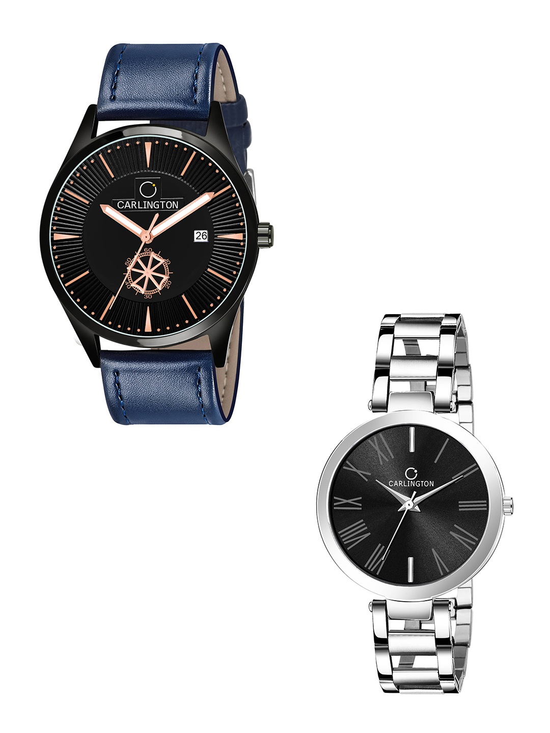 

CARLINGTON Unisex Dial & Leather Straps Analogue His and Her Watches CT1020, Black
