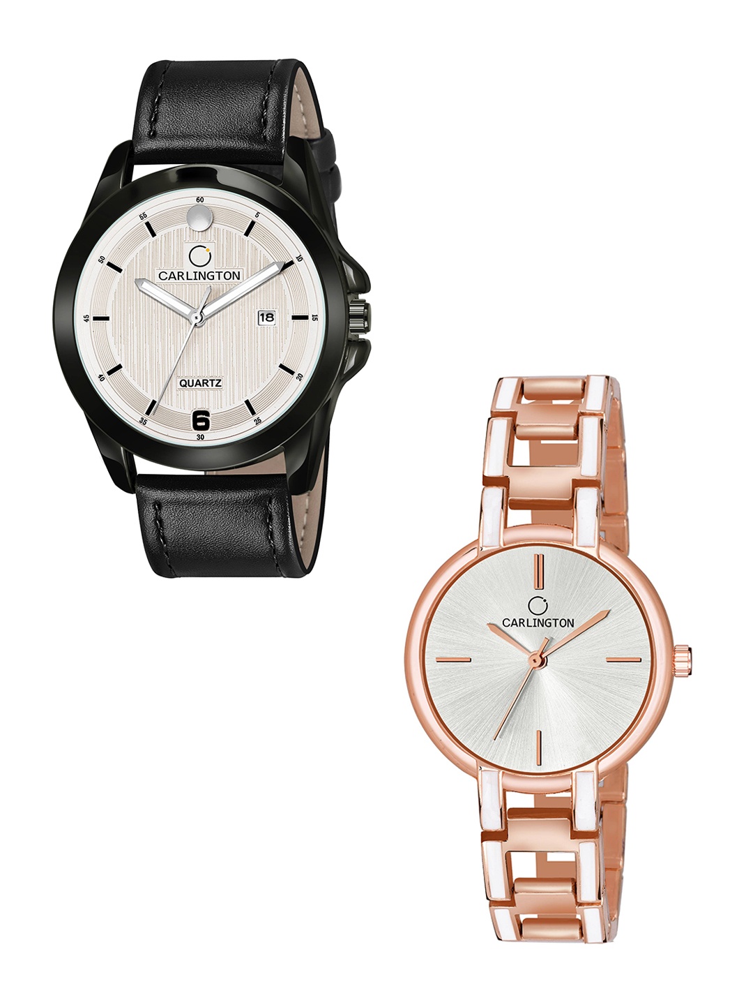 

CARLINGTON Unisex Embellished Dial & Leather Straps Analogue His and Her Watches CT1040, Black