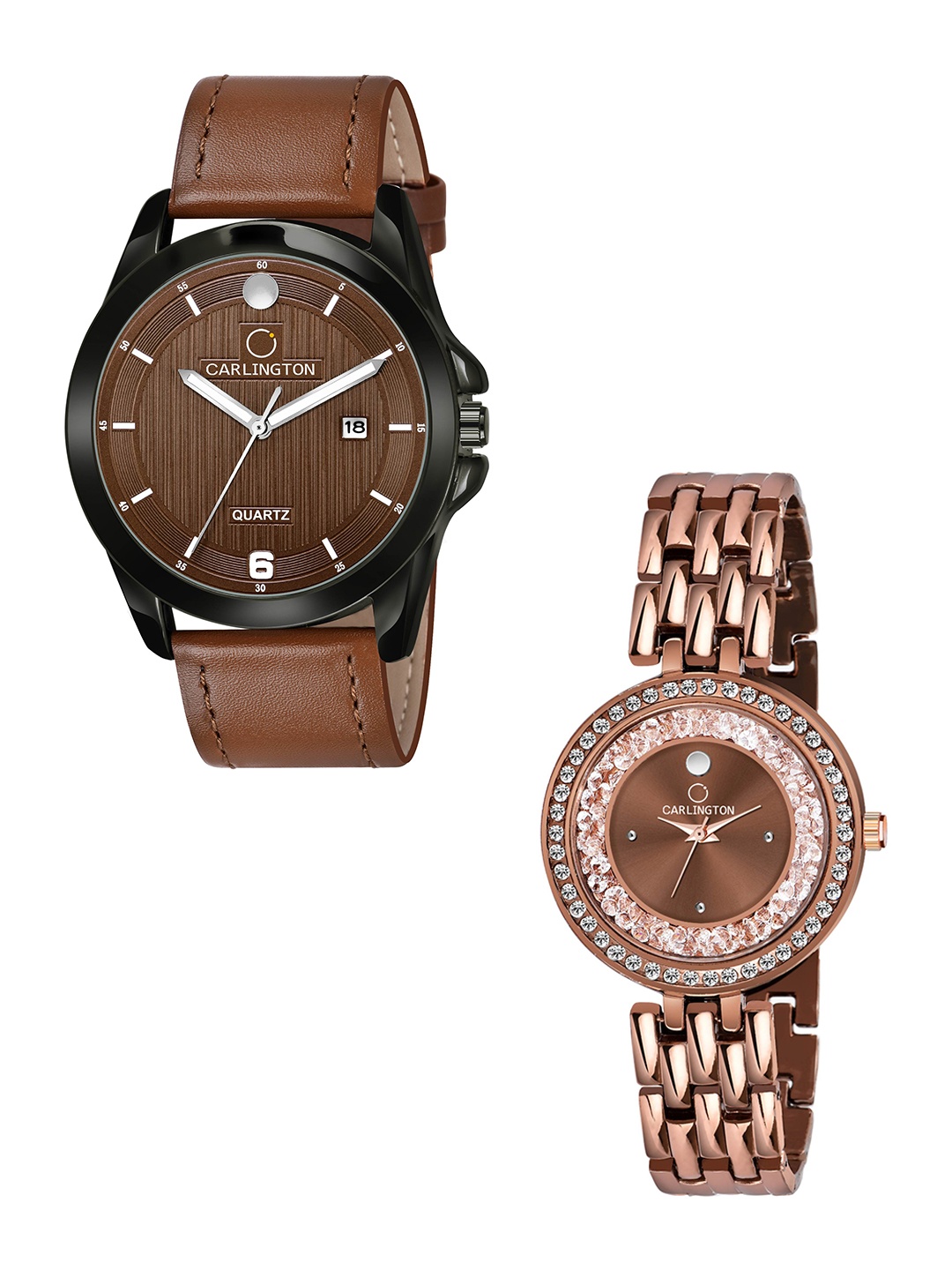 

CARLINGTON Unisex Embellished Dial & Leather Straps Analogue His and Her Watches CT1040, Tan