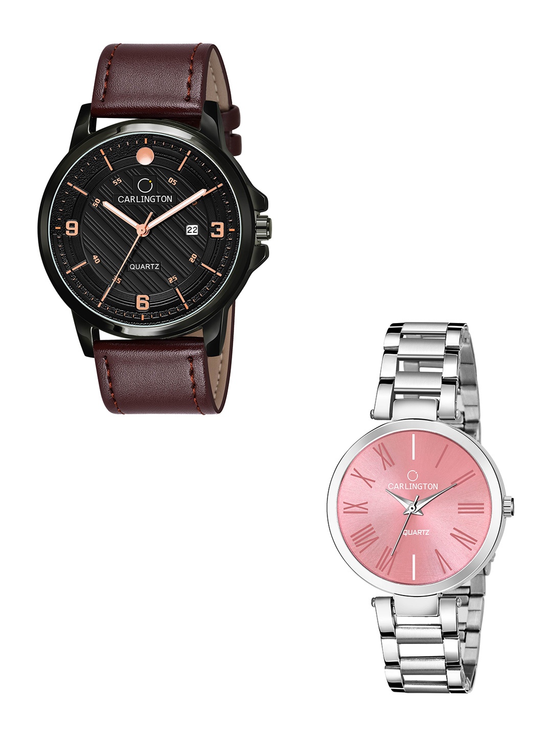 

CARLINGTON Unisex Printed Dial & Leather Straps Analogue His and Her Watches CT1050, Brown
