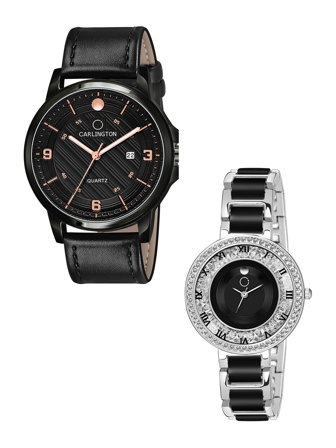 

CARLINGTON His and Her Black & Silver Dial & Straps Analogue Watch Combo- CT1050