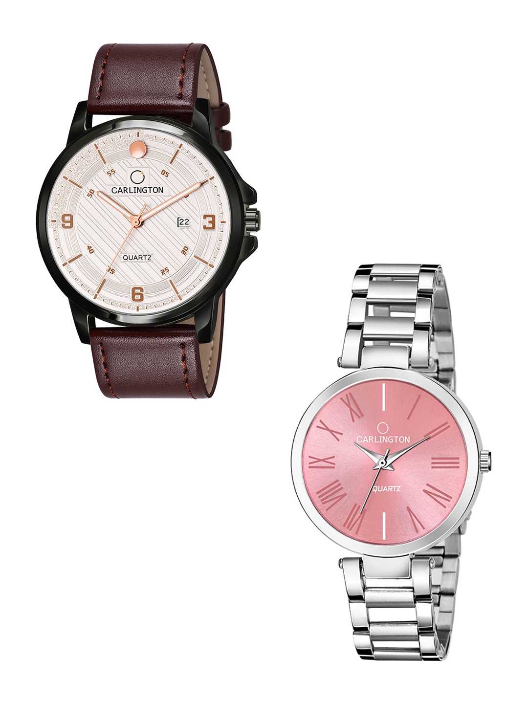 

CARLINGTON His and Her White Dial & Brown Straps Analogue Watch Combo- CT1050