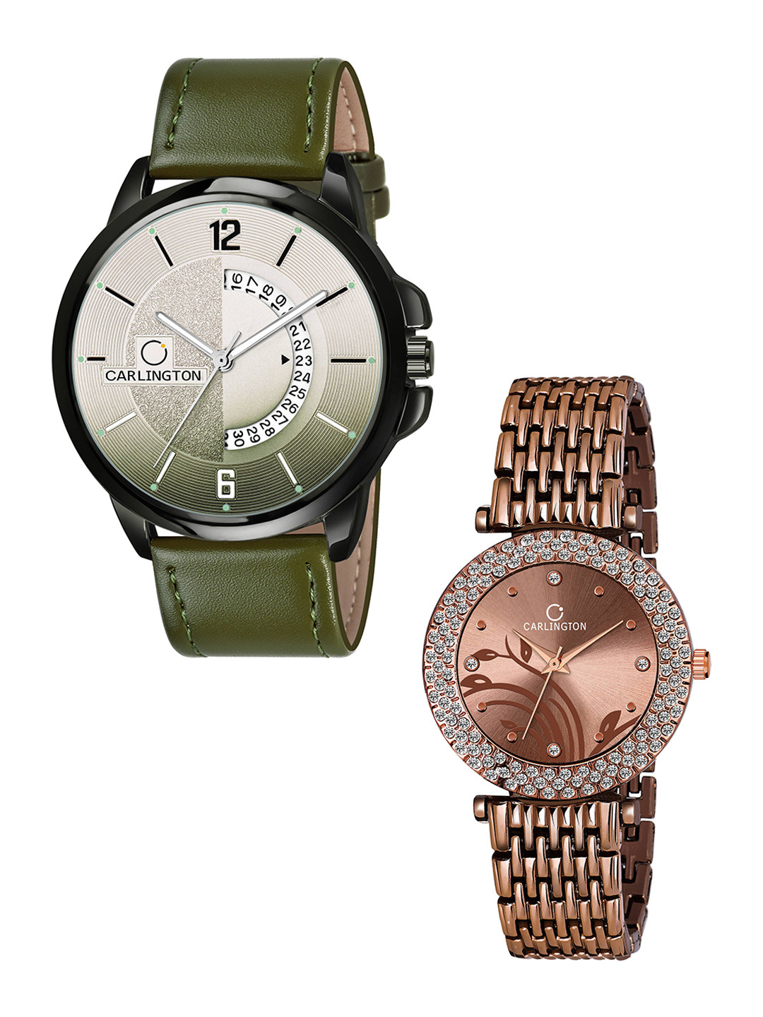 

CARLINGTON His and Her Green Dial & Green Straps Analogue Watch Combo- CT1030, Olive